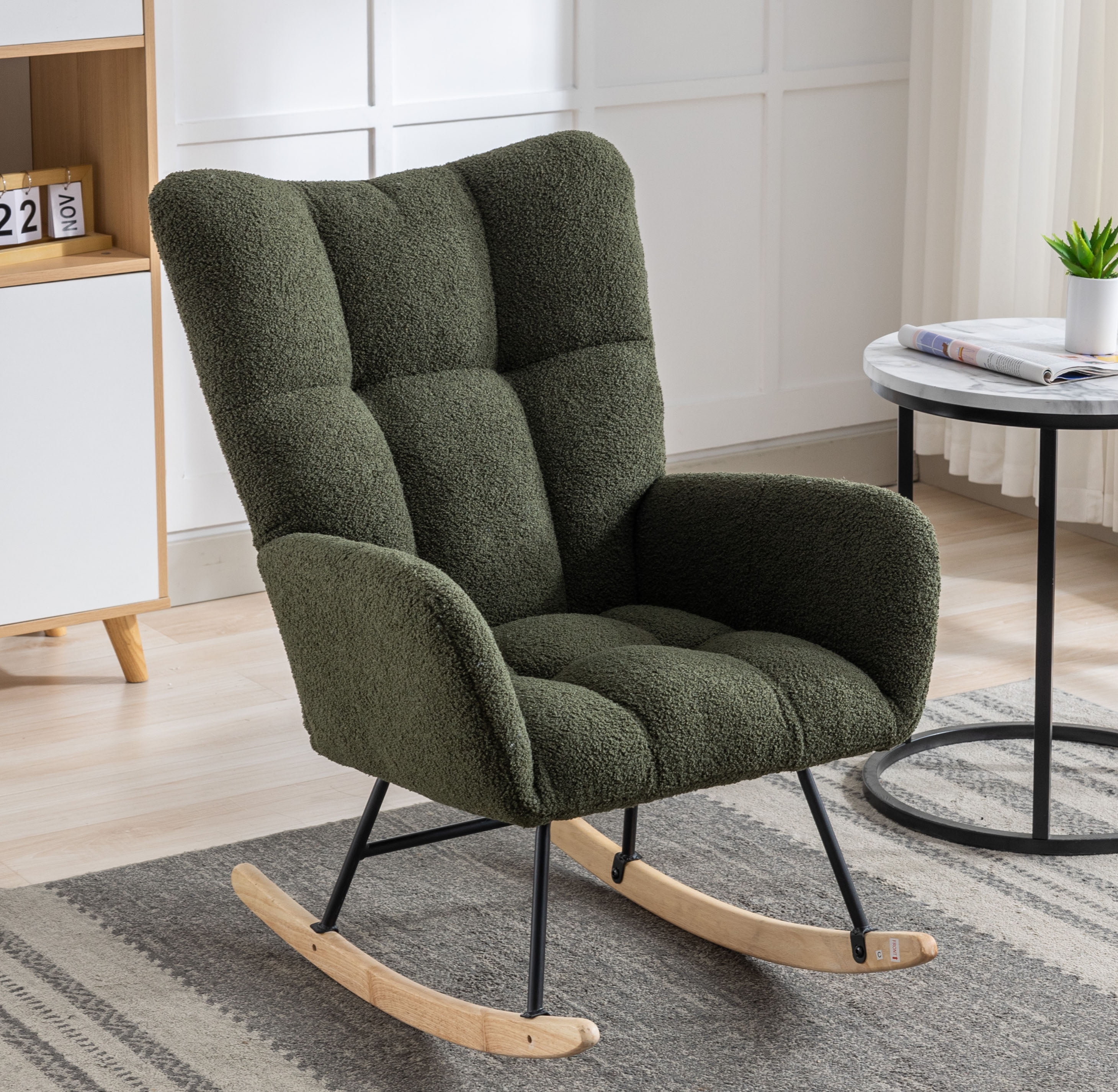 Rocking Chair Nursery,Teddy Upholstered Glider Rocker with High Backrest,Modern Rocking Accent Chairs Glider Recliner for Living Room, Nursery, Bedroom,Dark Green