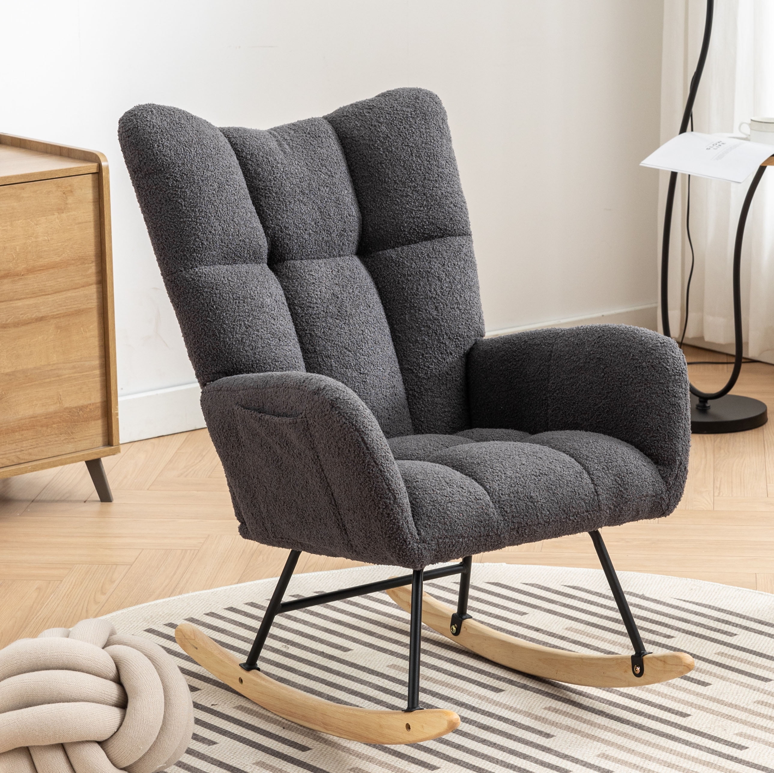 Rocking Chair Nursery,Teddy Upholstered Glider Rocker with High Backrest,Modern Rocking Accent Chairs Glider Recliner for Living Room, Nursery, Bedroom,Gray