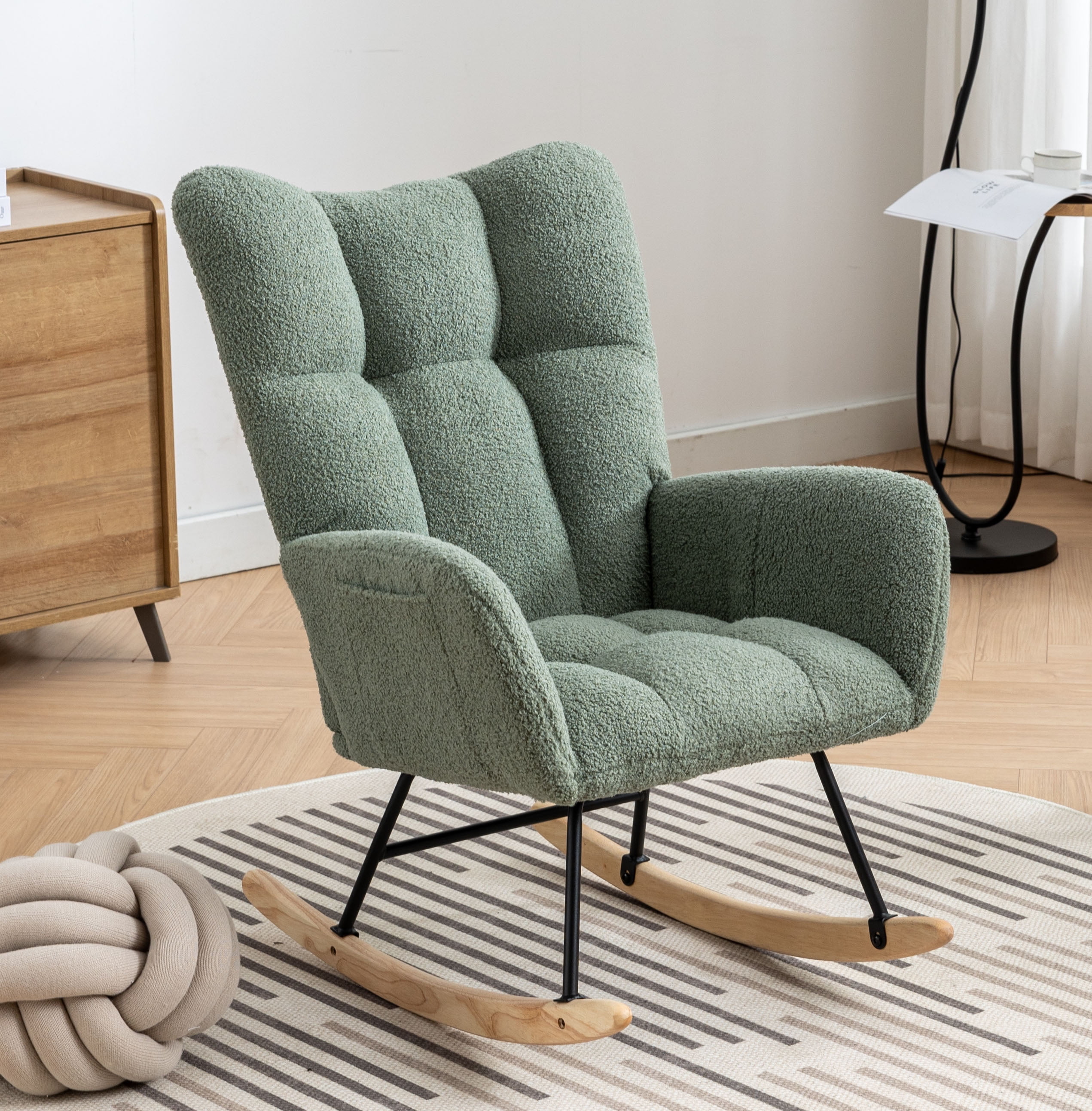 Rocking Chair Nursery,Teddy Upholstered Glider Rocker with High Backrest,Modern Rocking Accent Chairs Glider Recliner for Living Room, Nursery, Bedroom,Green