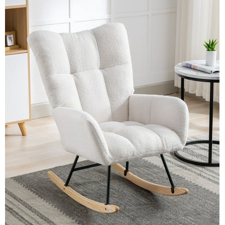 Rocking Chair Nursery,Teddy Upholstered Glider Rocker with High Backrest,Modern Rocking Accent Chairs Glider Recliner for Living Room, Nursery, Bedroom,White