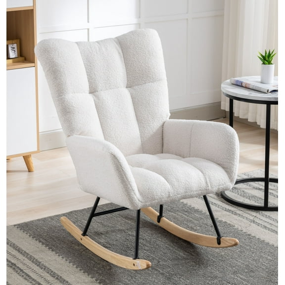 Rocking Chair Nursery,Teddy Upholstered Glider Rocker with High Backrest,Modern Rocking Accent Chairs Glider Recliner for Living Room, Nursery, Bedroom,White