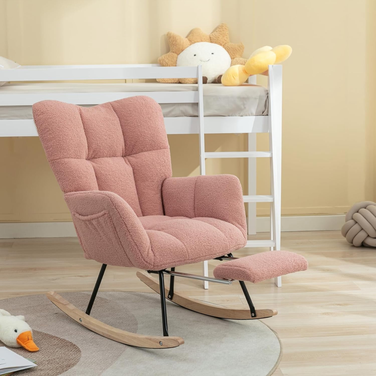 Rocking Chair Nursery Teddy Upholstered Glider Rocker High Backrest Nursery Rocker Comfortable Armchair