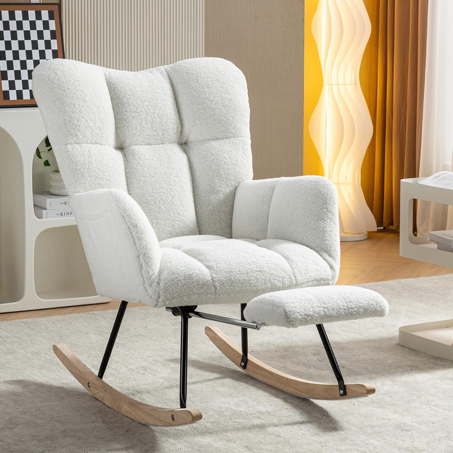Rocking Chair Nursery Teddy Upholstered Glider Rocker High Backrest Nursery Rocker Comfortable Armchair
