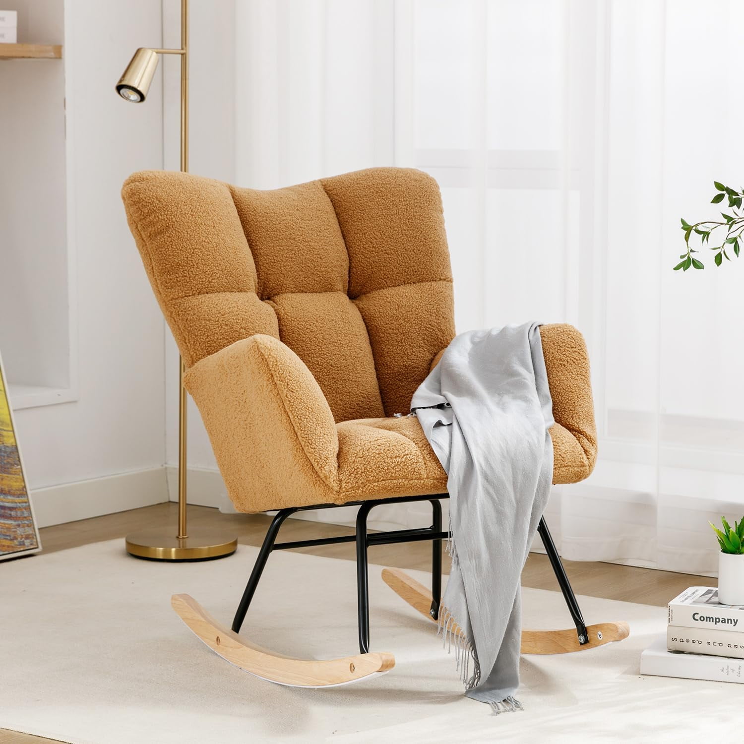 Rocking Chair Nursery Teddy Upholstered Glider Rocker High Backrest Nursery Rocker Comfortable Armchair
