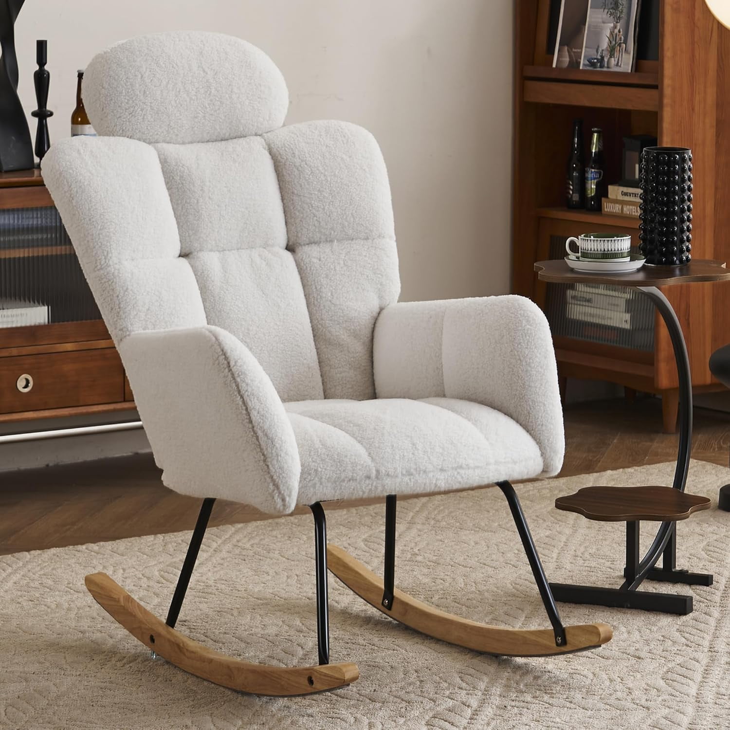 Rocking Chair Nursery Teddy Upholstered Glider Rocker High Backrest Nursery Rocker Comfortable Armchair