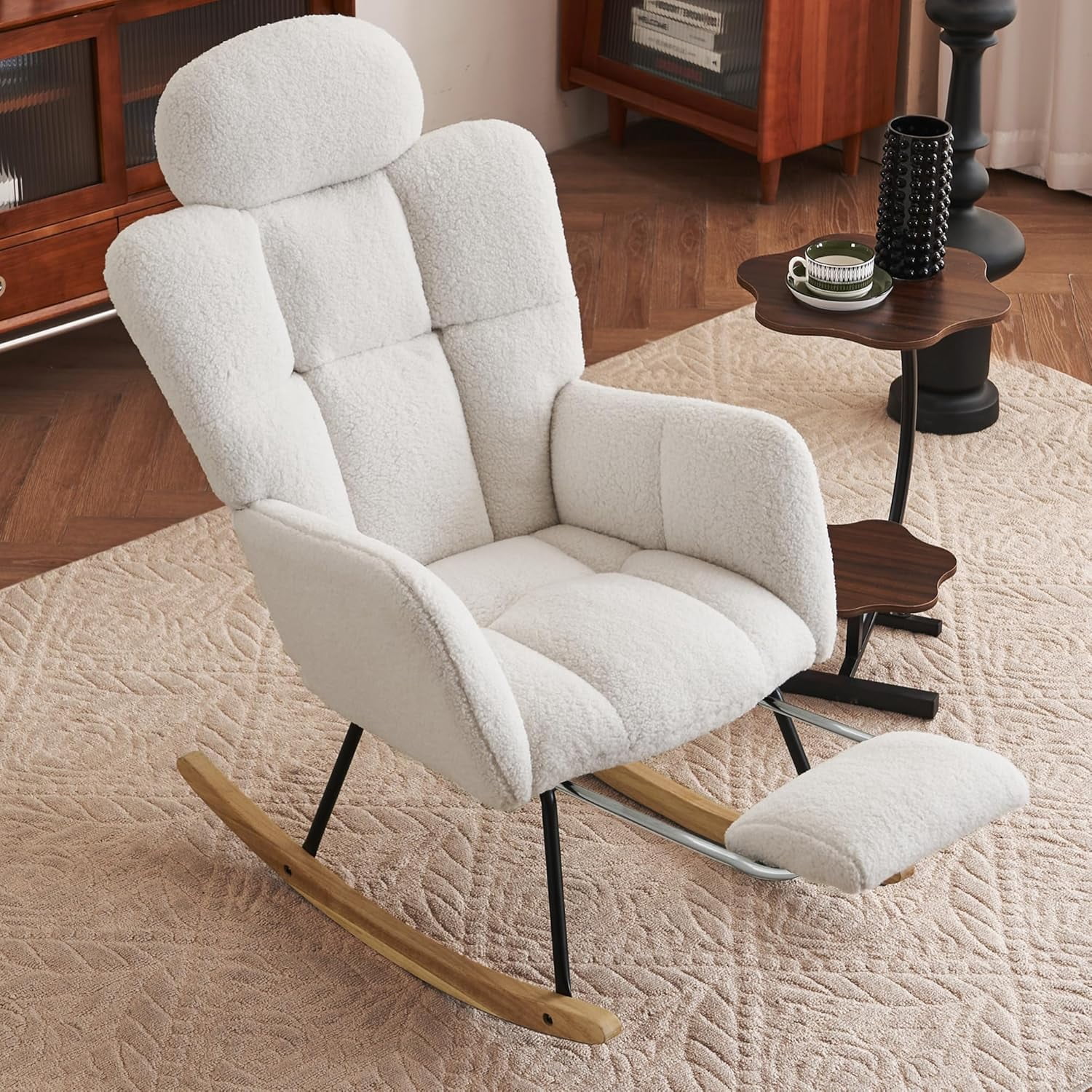 Rocking Chair Nursery Teddy Upholstered Glider Rocker High Backrest Nursery Rocker Comfortable Armchair
