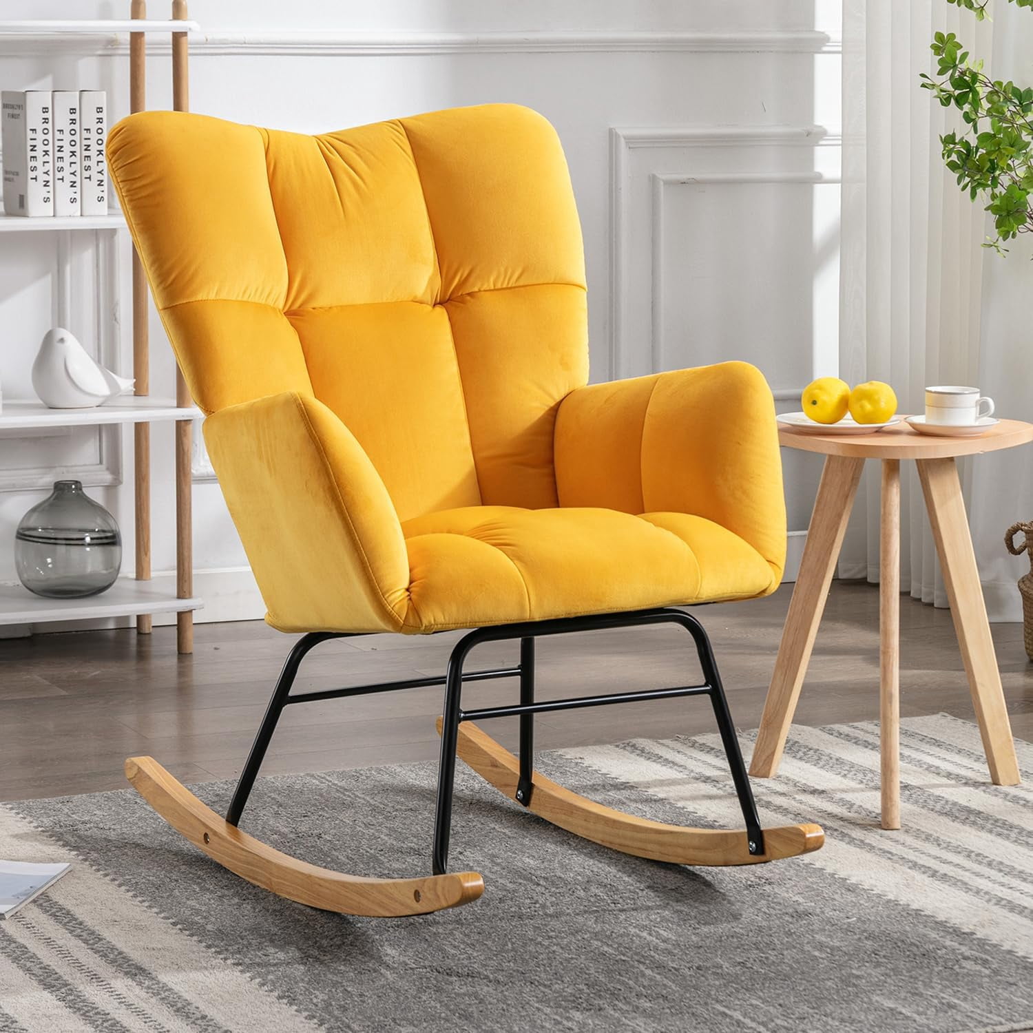 Rocking Chair Nursery Teddy Upholstered Glider Rocker High Backrest Nursery Rocker Comfortable Stylish Accent Armchair for Living Rooms Bedrooms Offices