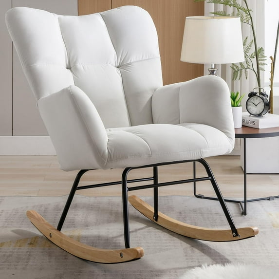 Rocking Chair Nursery Teddy Upholstered Glider Rocker High Backrest Nursery Rocker Comfortable Stylish Accent Armchair for Living Rooms Bedrooms Offices