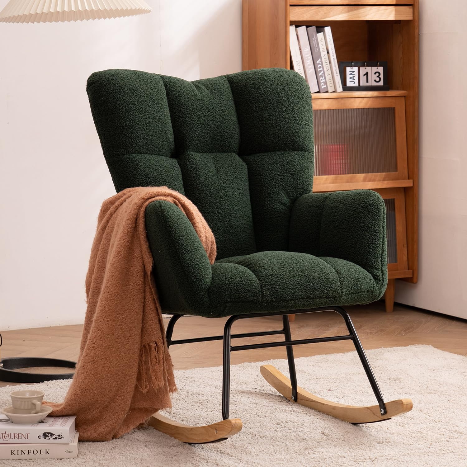 Rocking Chair Nursery Teddy Upholstered Glider Rocker High Backrest Nursery Rocker Comfortable Stylish Accent Armchair for Living Rooms Bedrooms Offices