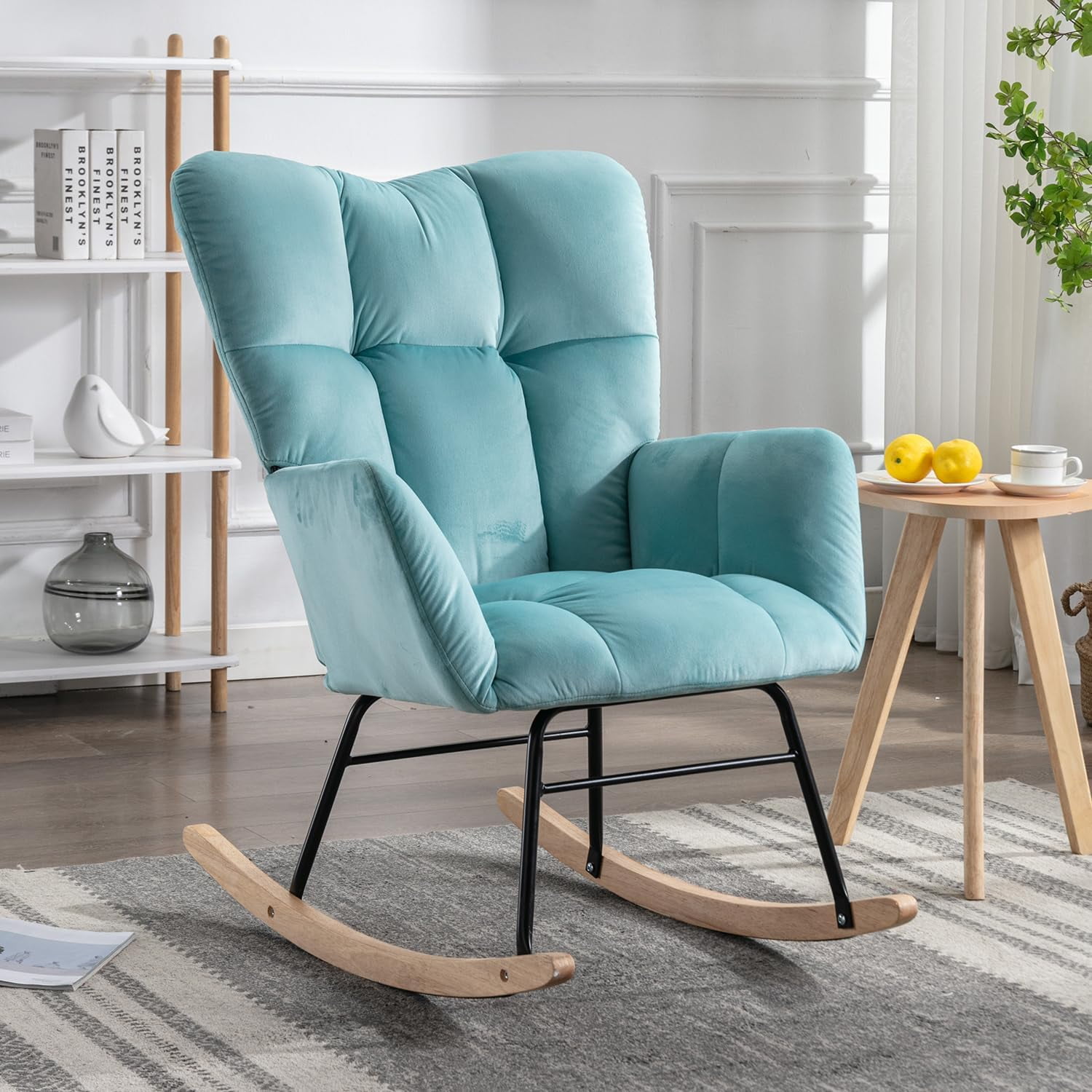 Rocking Chair Nursery Teddy Upholstered Glider Rocker High Backrest Nursery Rocker Comfortable Stylish Accent Armchair for Living Rooms Bedrooms Offices