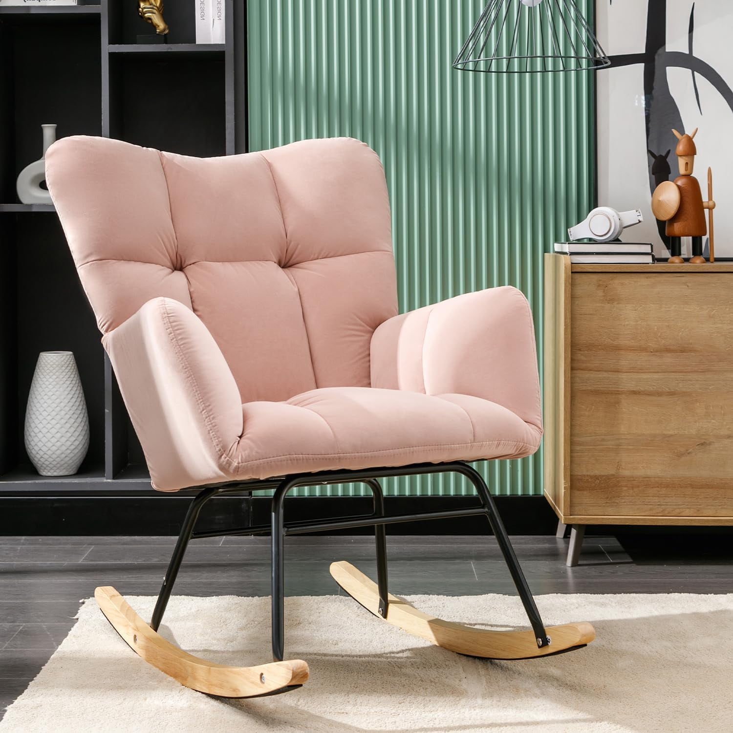 Rocking Chair Nursery Teddy Upholstered Glider Rocker High Backrest Nursery Rocker Comfortable Stylish Accent Armchair for Living Rooms Bedrooms Offices