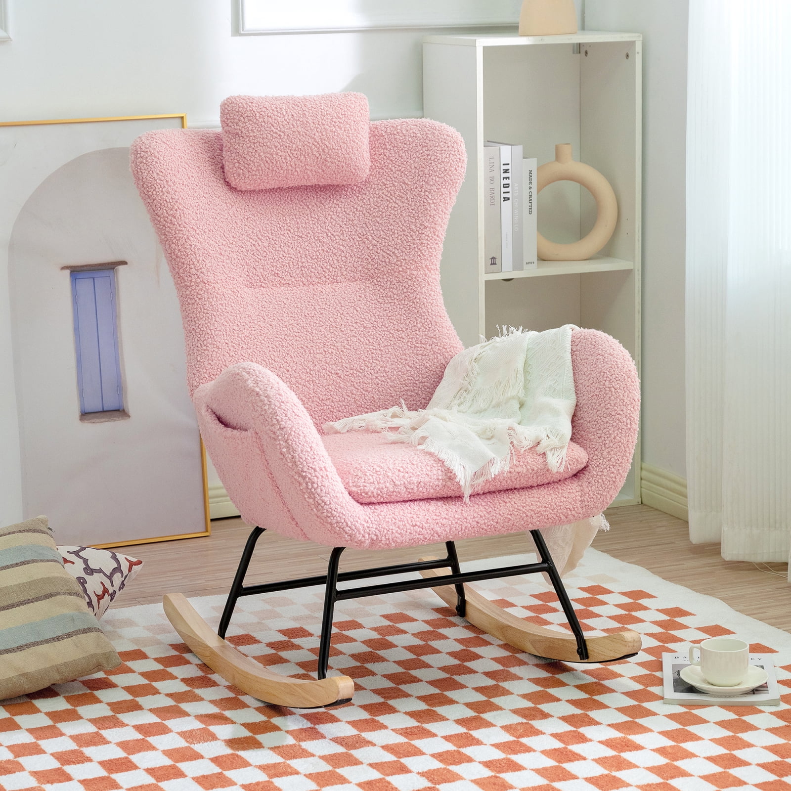 Rocking Chair Nursery, Teddy Upholstered Rocker Glider Chair with High Backrest, Adjustable Headrest & Pocket, Comfy Glider Chair for Nursery, Bedroom, Living Room, Offices, Rubber wood, pink 80119