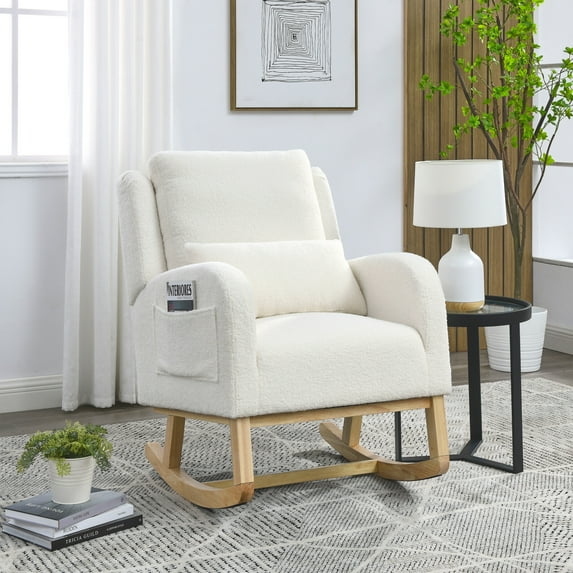 Rocking Chair Nursery with Thick Headrest and Side Pockets, Upholstered Nursing Rocker Glider with Non-slip Feet and Solid Wood Base for Living Room, Ivory
