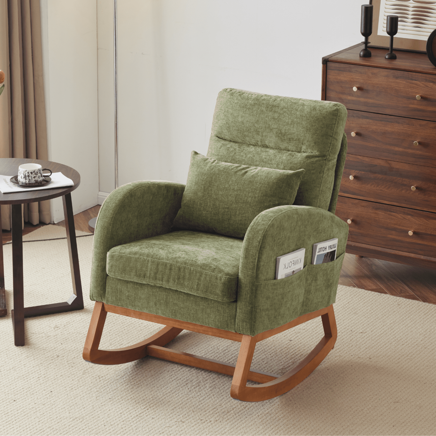 Sturdy Rocking Chair Rocking Chair Nursery with Thick Headrest, Upholstered Mid-Century ...