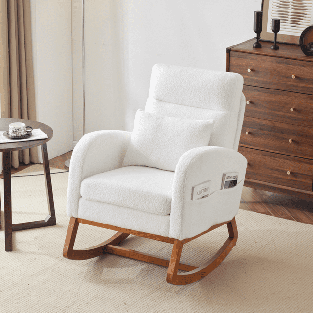 Rocking Chair Nursery with Thick Headrest, Upholstered Mid-Century Modern Nursing Rocker Glider with Curved Armrest, Sturdy Solid Wood Base for Living Room, Bedroom, Baby Room (White Teddy Fleece)