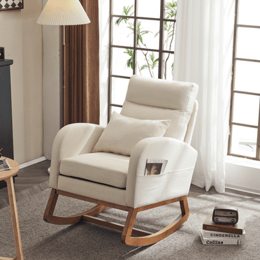 Rocking Chair Nursery with Thick Headrest, Upholstered Modern Nursing Rocker Glider with Curved Armrest, Sturdy Solid Wood Base for Living Room, Bedroom, Baby Room, Beige