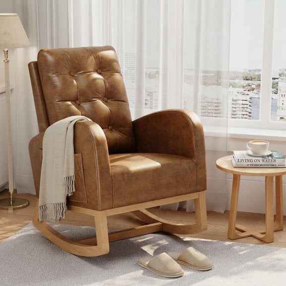 Rocking Chair for Nursery, Upholstered Glider Rocker with High Backrest and Padded Seat, Comfy Accent Armchair with Side Pocket for Bedroom, Living Room, Nursing Room