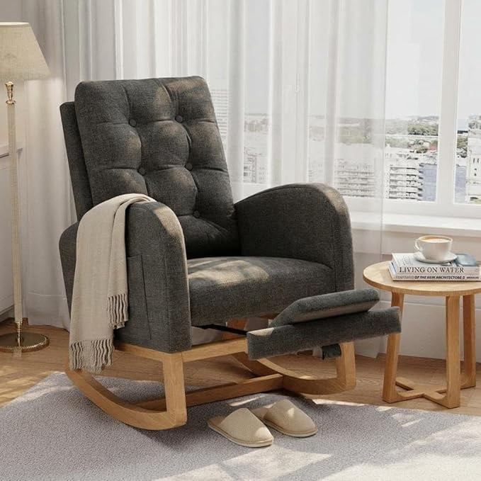 Rocking Chair for Nursery, Upholstered Glider Rocker with High Backrest and Padded Seat, Comfy Accent Armchair with Side Pocket for Bedroom, Living Room, Nursing Room