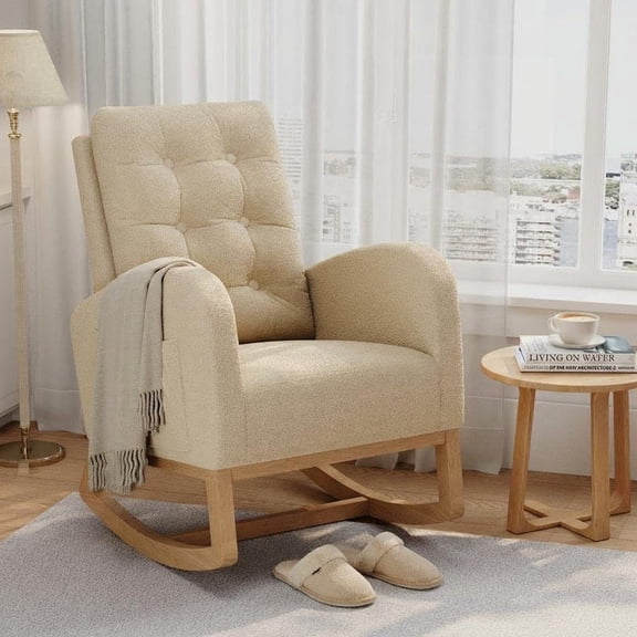 Rocking Chair for Nursery, Upholstered Glider Rocker with High Backrest and Padded Seat, Comfy Accent Armchair with Side Pocket for Bedroom, Living Room, Nursing Room