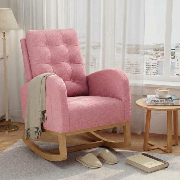 Rocking Chair for Nursery, Upholstered Glider Rocker with High Backrest and Padded Seat, Comfy Accent Armchair with Side Pocket for Bedroom, Living Room, Nursing Room