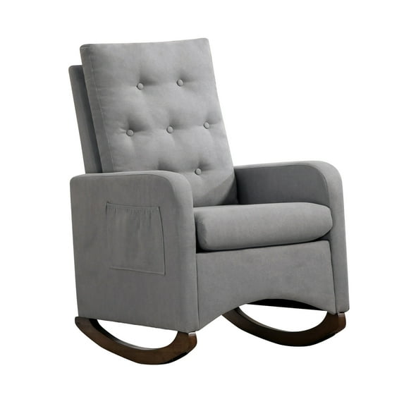 Rocking Chair Nursery, Upholstered Glider Rocker with High Backrest & Side Pocket, Comfy Armchair with Solid Wood Base for Living Room Bedroom Balcony Home Office