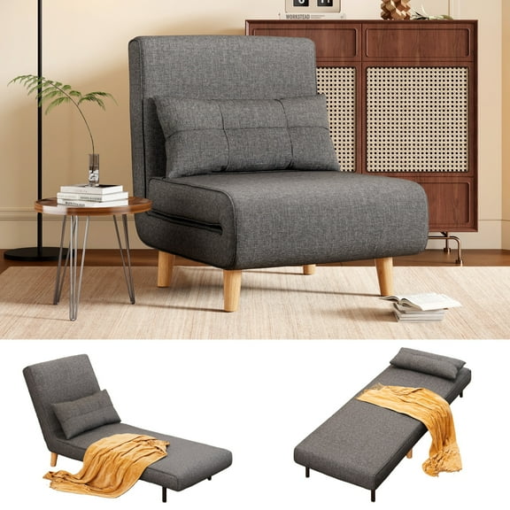 Sleeper Chair, Lofka 3 in 1 Convertible Futon Sofa with Soft Pillow & 6 Angles Adjustable Backrest for Living Room, Guest Room, Office ( Linen Fabric, Dark Gray )