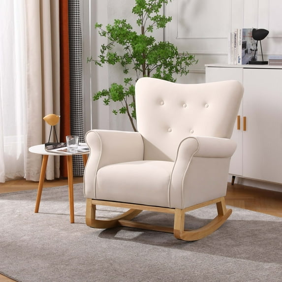 Rocking Chair Nursery, Velvet Upholstered Glider Rocker with Button Tufted Thick Backrest, Comfy Reading Chair Modern Rocking Accent Chairs Glider Recliner for Living Room, Nursery, Bedroom, Beige