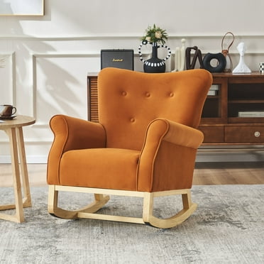Rocking Chair Nursery, Velvet Upholstered Glider Rocker with Button Tufted Thick Backrest, Comfy Reading Chair Modern Rocking Accent Chairs Glider Recliner for Living Room, Nursery, Bedroom, Orange