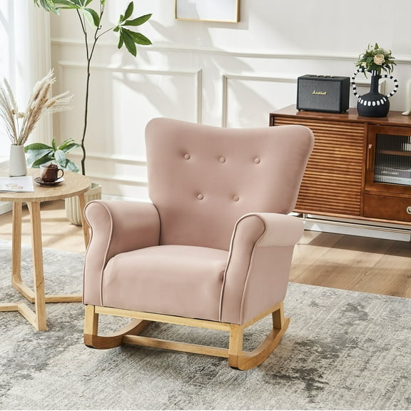 Rocking Chair Nursery, Velvet Upholstered Glider Rocker with Button Tufted Thick Backrest, Comfy Reading Chair Modern Rocking Accent Chairs Glider Recliner for Living Room, Nursery, Bedroom, Pink
