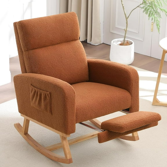 Rocking Chair Nursery with Foot Rest, Nursing Rocking Chairs for Mom Nursery, Teddy Rocker Glider with High Backrest for Living Room, Bedroom, Brown
