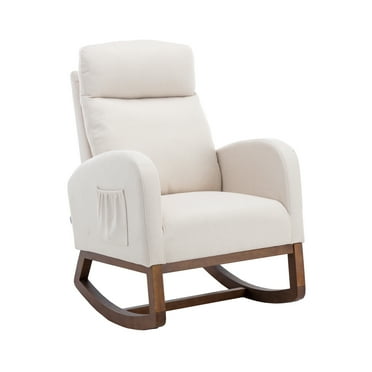 Rocking Chair Nursery with Side Pocket, Upholstered Glider Chair with High Back and Wood Legs, Accent Armchair for Living Room Bedroom, Beige