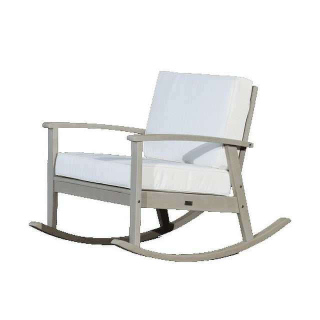 Rocking Chair, Outdoor Indoor Rocker Chair with Deep Seat Cushion and Thicken Backrest, Wooden Upholstered Leisure Armchair for Home Balcony Patio & Garden, Driftwood Gray Finish+Cream Cushions