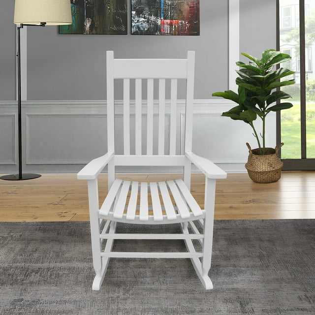 Rocking Chair for Outdoor, Wooden Patio Porch Rocker Chair with Back Support, Ergonomic Wooden Rocking Chair for Patio Porch Backyard, Rocking Bistro Chair Patio Chairs, Max 280lbs, White, A1602