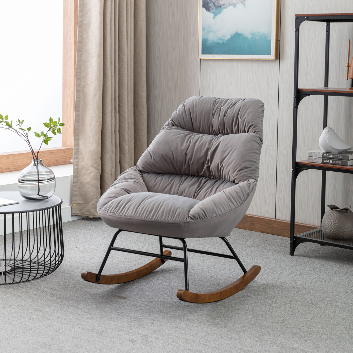 Rocking Chair with Padded Seat and Metal Frame, Upholstered Tufted ...