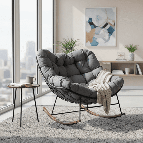 Rocking Chair, Papasan Chair, Outdoor Patio Porch Furniture, Rattan Wicker Lounge Chair Indoor, Rocker Egg Chair, Grey