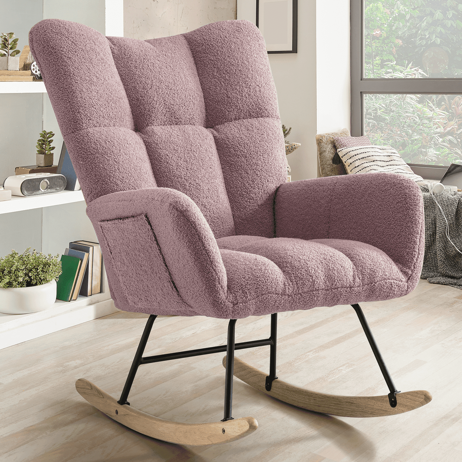 Rocking Chair with Pocket, Soft Teddy Fabric Rocking Chair for Nursery ...
