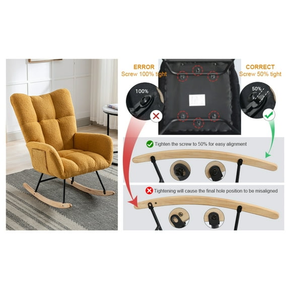 Rocking Chair with Pocket, Soft Teddy Fabric Rocking Chair for Nursery, Comfy Wingback Glider Rocker with Safe Solid Wood Base for Living Room Bedroom