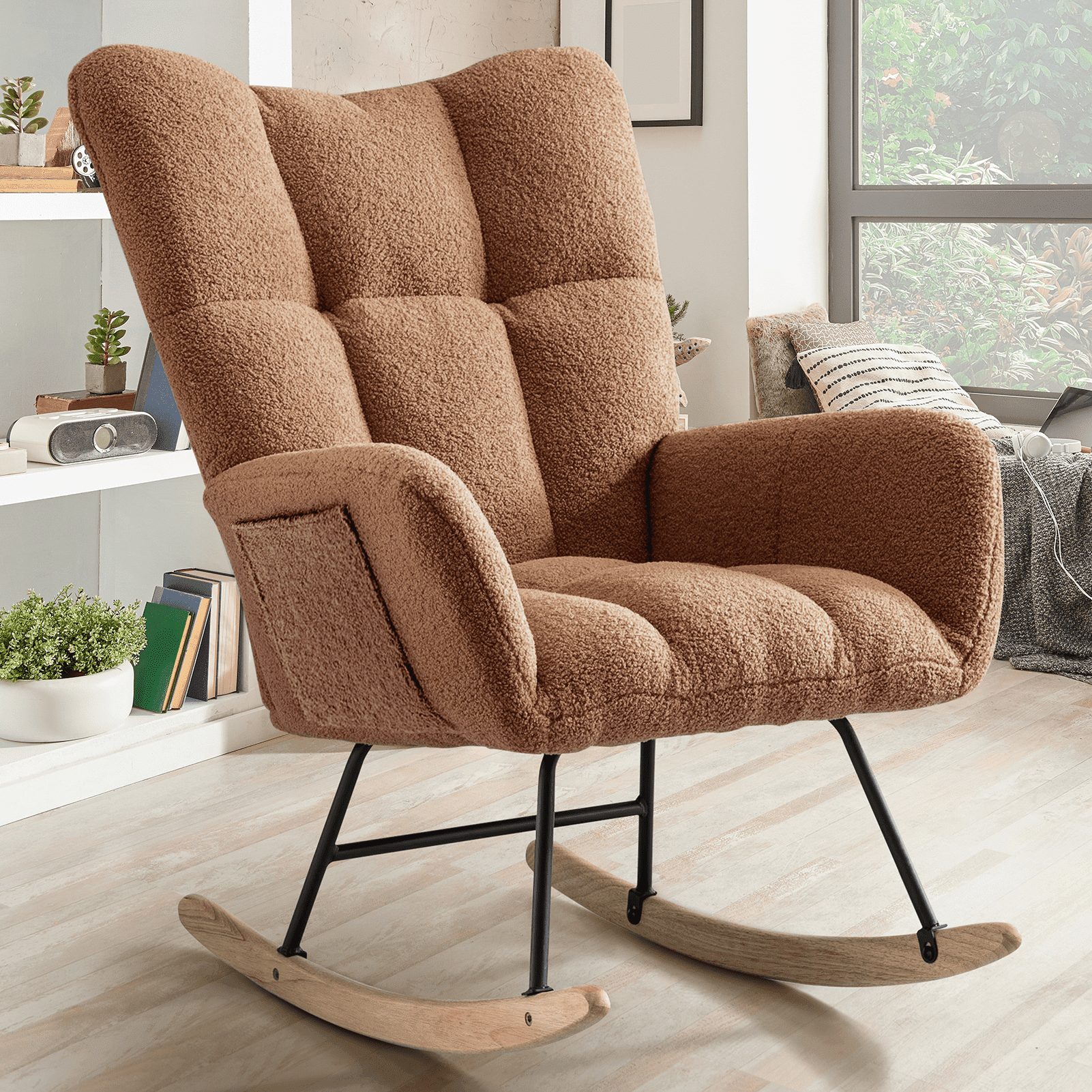 Rocking Chair with Pocket, Soft Teddy Fabric Rocking Chair for Nursery ...