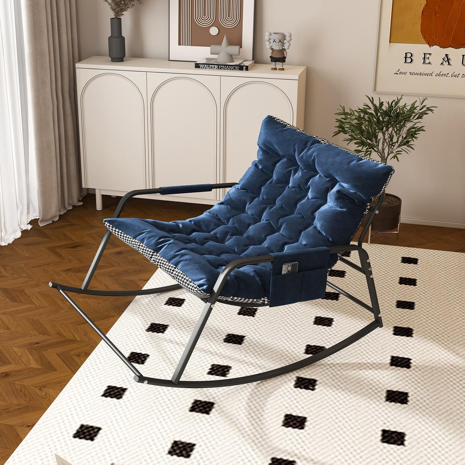 Rocking Chair with Storage and Cushion, Ergonomic Lounge Recliner with Armrests, All-Season Indoor Outdoor Rocker for Patio, Garden, Bedroom, Living Room, Blue