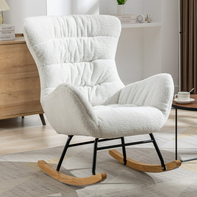 Rocking Chair, Teddy Fabric Glider Rocker Chair with High Backrest, Modern Rocking Accent Side Chairs with Armrests for Nursery Bedroom Living Room, Lvory
