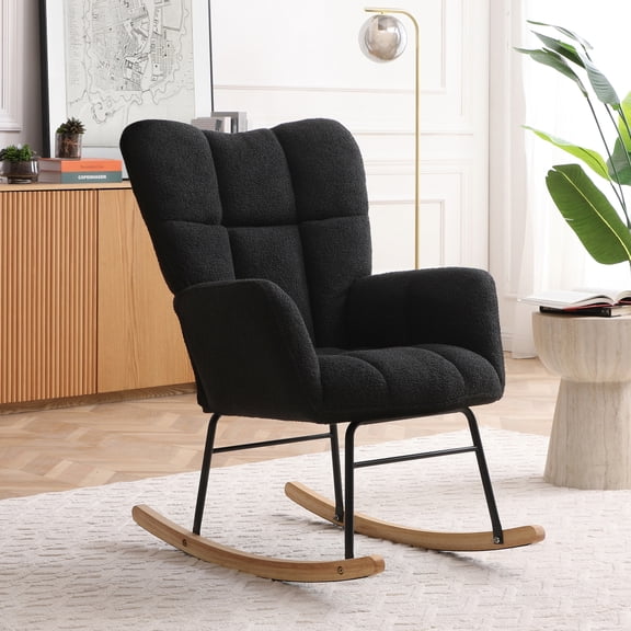 Rocking Chair Teddy Upholstered Glider Rocker Rocking Accent Chair Padded Seat with High Backrest Armchair Comfy Side Chair for Living Room Bedroom Offices