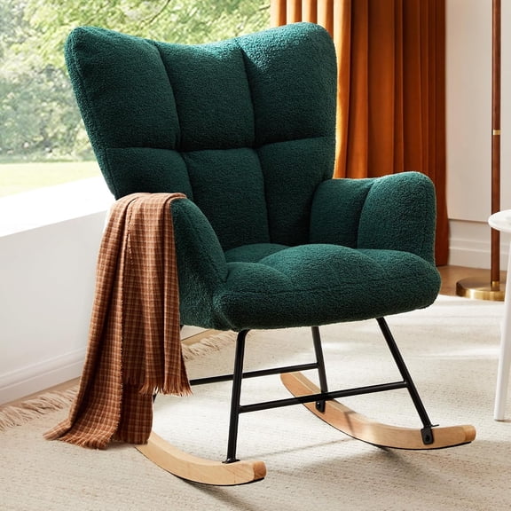 Rocking Chair, Teddy Upholstered Glider Rocker with High Backrest, Comfy Accent Chair for Bedroom, Living Room Green