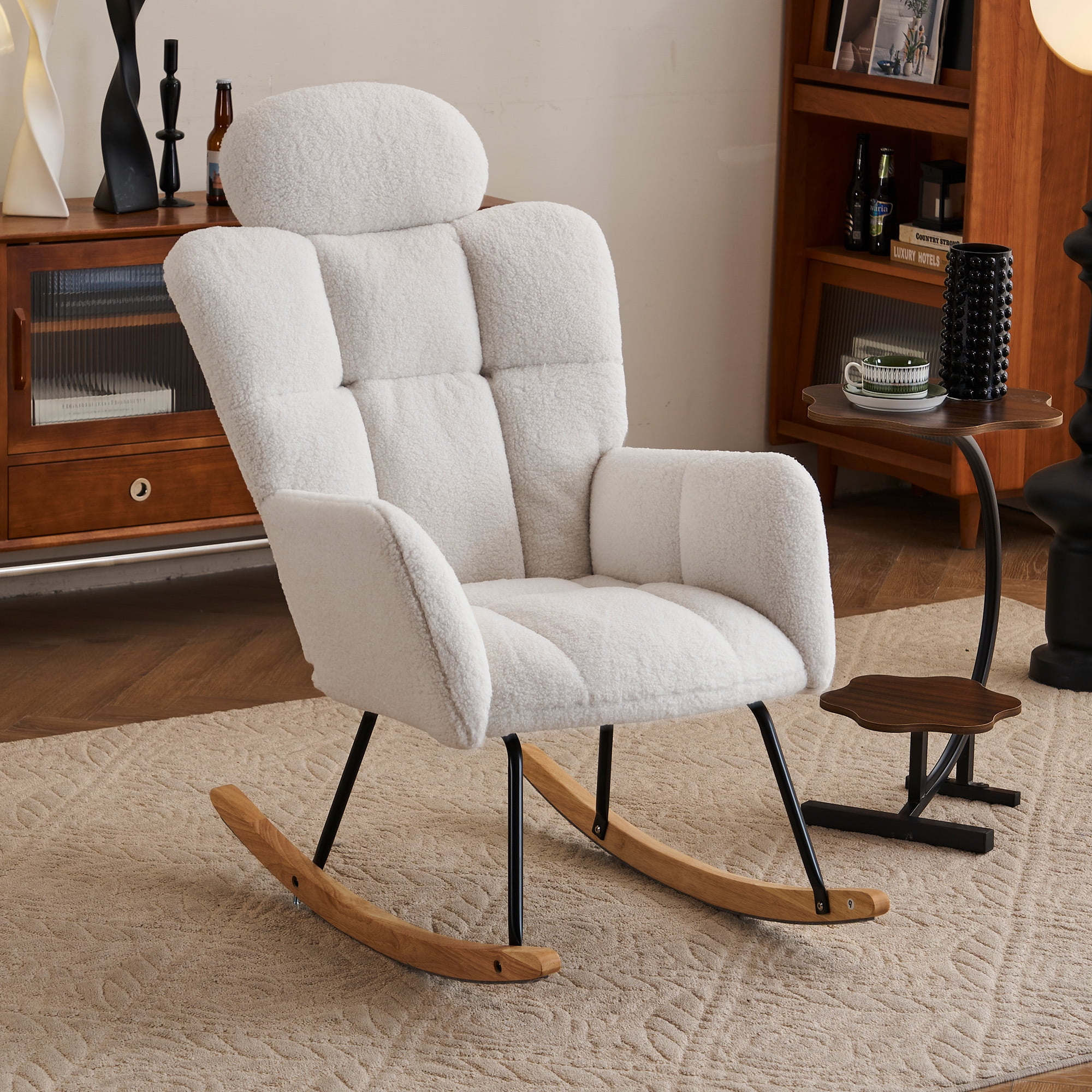 Rocking Chair With Thick Headrest, Nursery Glider Comfy Accent Chair With High Backrest, Upholstered Living Room Armchair For Home Office Living Room Nursery