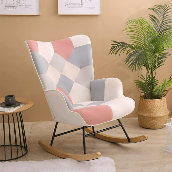 Rocking Chair, Tufted Upholstered Rocking Chair for Nursery, Mid Century Comfy Wingback Glider Rocker Armchair with High Backrest and Solid Wood Base for Living Room Bedroom Balcony (Pink)
