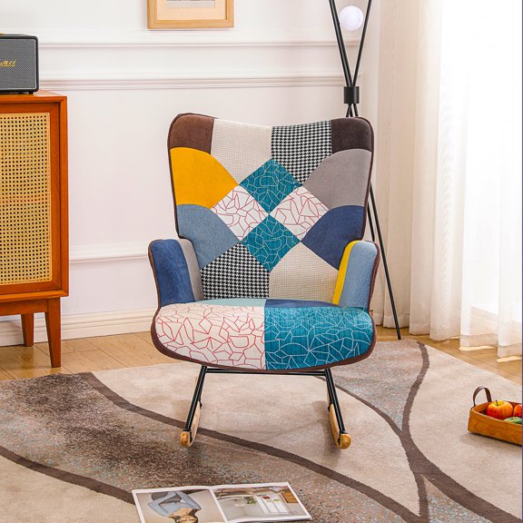 Rocking Chair, Tufted Upholstered Rocking Chair for Nursery, Comfy Wingback Glider Rocker with Safe Solid Wood Base for Living Room Bedroom Balcony