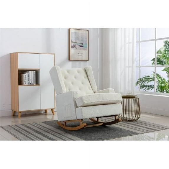 Rocking Chair with Two Sets of Legs, Mid Century Polyester Fabric Glider Rocker Chair with Padded Seat,Upholstered Single Sofa,Accent Chair for Living Room, Bedroom-White Teddy