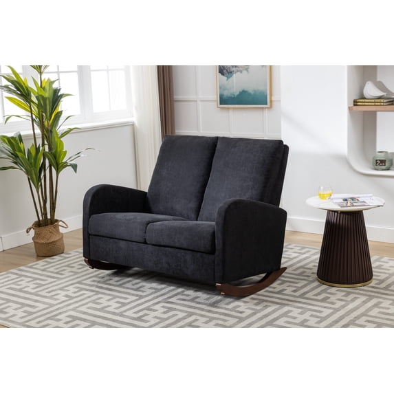 Rocking Chair Upholstered, Double Rocking Chair for Living Room, Mid Century Modern Rocker Oversized Wingback Armchair for Nursery, Bedroom, Baby Room (Black)