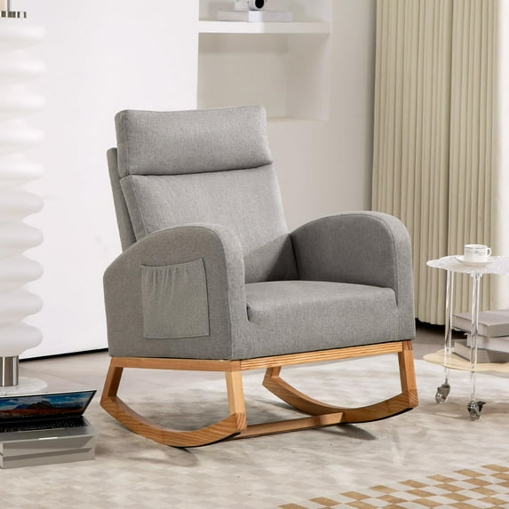 Rocking Chair, Upholstered Glider Chair with Side Pocket, Nursery Chair with High Backrest and Rubber Wood Legs, Rocking Accent Armchair for Living Room Bedroom Nursery