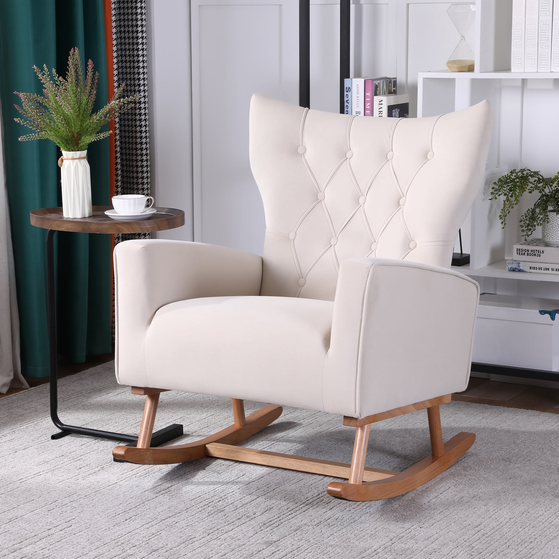 Single Rocking Chair Rocking Chair, Velvet Upholstered Glider Rocker with High Backrest and ...