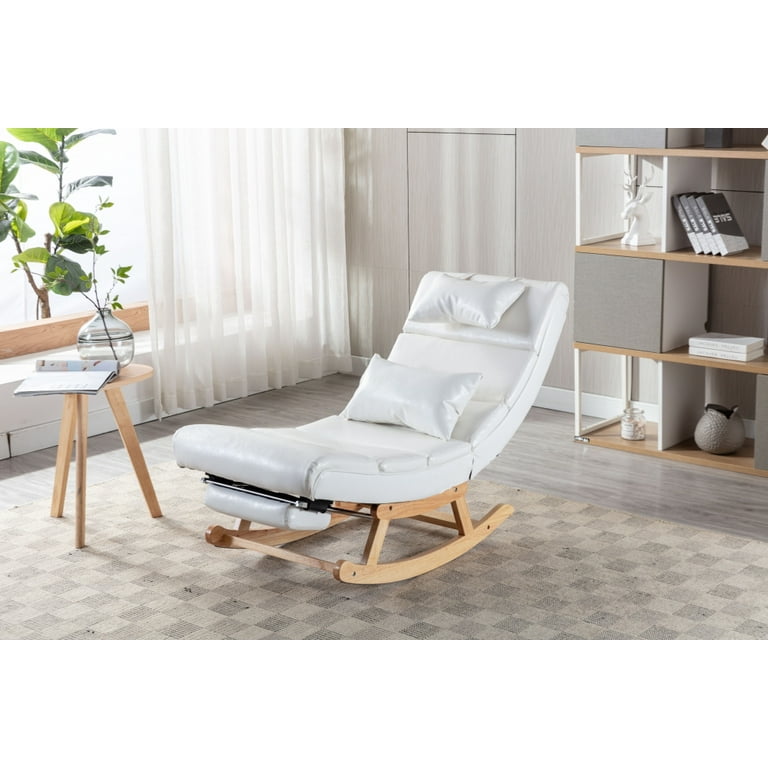 Rocking Chair with Waist & Head Pillow, Upholstered Recliner Chair with  Footrest and Solid Wood Base, Nursery Glider Rocker for Living Room Bedroom  Office, White PU 